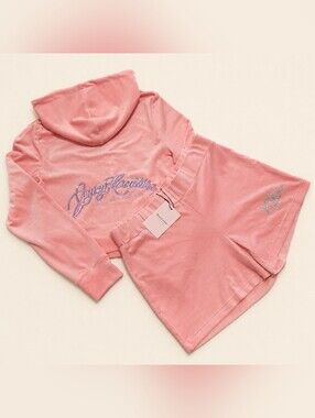 Juicy Couture Flamingo Velour Glitter Script Logo Zip Up Hoodie & Shorts Set - M